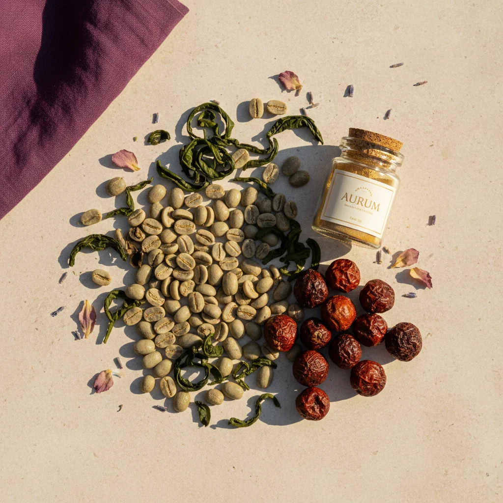Fresh green coffee beans, green tea leaves, guarana berries - plant-based energy supplement ingredients flat-lay