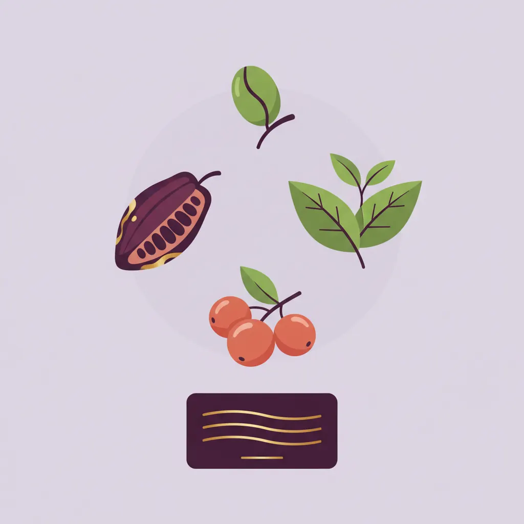 Flat illustration of green coffee bean, green tea leaf, guarana berry and cacao pod - plant-based energy supplement ingredients